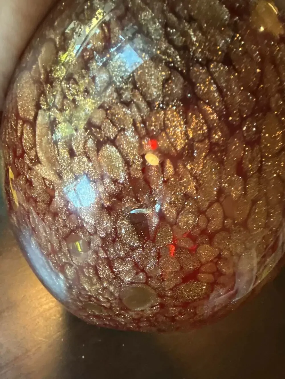 Hand Blown Art Glass Red and Gold Flecked Sphere Vase, approx 6” tall